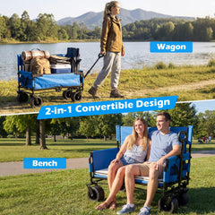 2-in-1 Wagon Bench Seat Combo Collapsible Beach Cart-Blue