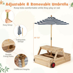2-in-1 Wooden Sandbox with Foldable Umbrella and Convertible Picnic Table-Blue