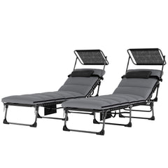 Outdoor Chaise Lounge Chairs, 2 PCS Folding Lounge Chairs with Adjustable 5-Position, Cushion, Canopy, Side Pocket