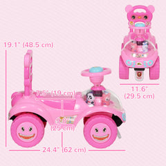 Toddlers Push Car with Horn, Light, Music, Anti-Over-Backwards Device, Steering Wheel, Under Seat Storage, Pink