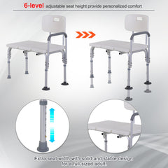 6-Level Adjustable Bath and Shower Transfer Bench Aluminum Chair with Non-Slip Feet, Armrest & Backrest White