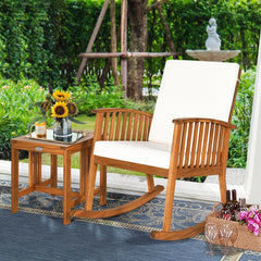 2 Piece Acacia Wood Patio Rocking Chair Set, Teak Finish Rocker Rated 360 lb with 18 in Square Side Table and Cream Cushions