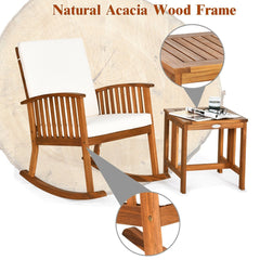 2 Piece Acacia Wood Patio Rocking Chair Set, Teak Finish Rocker Rated 360 lb with 18 in Square Side Table and Cream Cushions