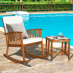 2 Piece Acacia Wood Patio Rocking Chair Set, Teak Finish Rocker Rated 360 lb with 18 in Square Side Table and Cream Cushions