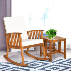 2 Piece Acacia Wood Patio Rocking Chair Set, Teak Finish Rocker Rated 360 lb with 18 in Square Side Table and Cream Cushions