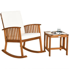 2 Piece Acacia Wood Patio Rocking Chair Set, Teak Finish Rocker Rated 360 lb with 18 in Square Side Table and Cream Cushions