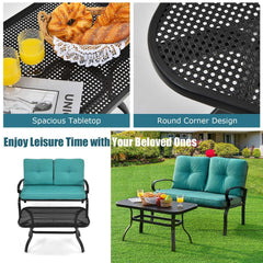 2 Piece Patio Loveseat and Coffee Table Set, 47 in Steel Bench Rated 550 lb with 4 in Turquoise Olefin Cushions and Mesh Top Table
