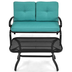 2 Piece Patio Loveseat and Coffee Table Set, 47 in Steel Bench Rated 550 lb with 4 in Turquoise Olefin Cushions and Mesh Top Table