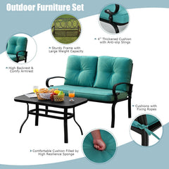 2 Piece Patio Loveseat and Coffee Table Set, 47 in Steel Bench Rated 550 lb with 4 in Turquoise Olefin Cushions and Mesh Top Table