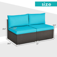 2 Piece Armless Patio Rattan Sofa Set, Add On Sectional Middles with Thick Seat and Back Cushions, Turquoise Blue
