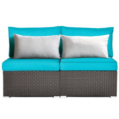 2 Piece Armless Patio Rattan Sofa Set, Add On Sectional Middles with Thick Seat and Back Cushions, Turquoise Blue