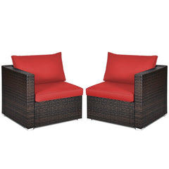2 Piece Patio Rattan Corner Sofa Set, Left and Right Sectional Chairs with 4 Cushions, Red