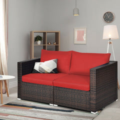 2 Piece Patio Rattan Corner Sofa Set, Left and Right Sectional Chairs with 4 Cushions, Red
