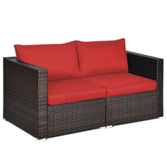 2 Piece Patio Rattan Corner Sofa Set, Left and Right Sectional Chairs with 4 Cushions, Red