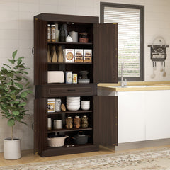 71" Freestanding Kitchen Pantry with 4 Doors and 2 Cabinets, Tall Storage Cabinet for Kitchen, Distressed Black