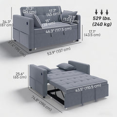 3‑in‑1 Convertible Sofa Bed, Pull Out Sleeper Sofa with USB Charging, Adjustable Backrest, Side Pockets, Beige