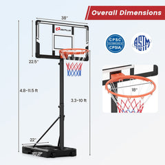 3.3-10 Feet Portable Basketball Hoop Adjustable with Base and Wheels