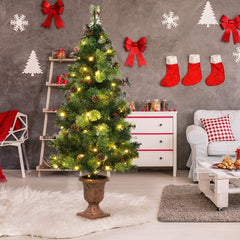 4 FT Pre-Lit Entrance Christmas Tree in Decorative Urn with Red Berries and Frosted Pine Cones
