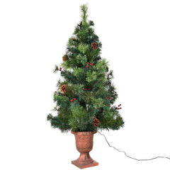 4 FT Pre-Lit Entrance Christmas Tree in Decorative Urn with Red Berries and Frosted Pine Cones
