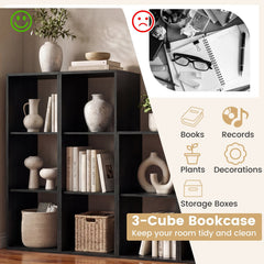 3 Cube Bookshelf with Back Guardrail for Living Room Bedroom-Black