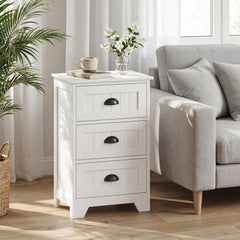 3-Drawer Storage Nightstand with Fluted Fronts and Cup Handles, White