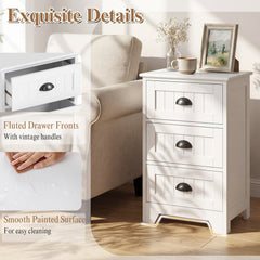 3-Drawer Storage Nightstand with Fluted Fronts and Cup Handles, White