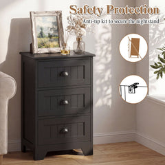 3 Drawer Storage Nightstand with Fluted Fronts and Cup Handles, Black