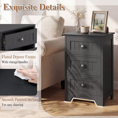 3 Drawer Storage Nightstand with Fluted Fronts and Cup Handles, Black