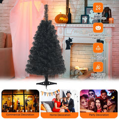 3 FT Black Artificial Tabletop Tree with 116 Branch Tips and Plastic Stand for Halloween and Christmas