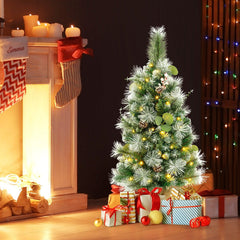 3 FT Pre-Lit Flocked Mini Christmas Tree with 98 Tips, Berries, Pine Cones and Burlap Base