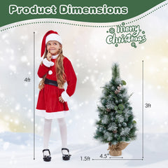 3 FT Pre-Lit Flocked Mini Christmas Tree with 98 Tips, Berries, Pine Cones and Burlap Base
