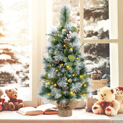 3 FT Pre-Lit Flocked Mini Christmas Tree with 98 Tips, Berries, Pine Cones and Burlap Base