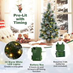 3 FT Pre-Lit Flocked Mini Christmas Tree with 98 Tips, Berries, Pine Cones and Burlap Base