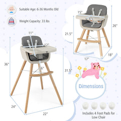 3-in-1 Convertible Wooden High Chair with Cushion-Light Gray