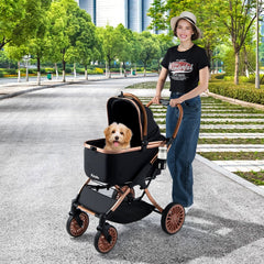 3-in-1 Foldable Pet Stroller with, Sun Shade and Safety Belt for up to 55 lbs Small Medium Dogs Cats-Black