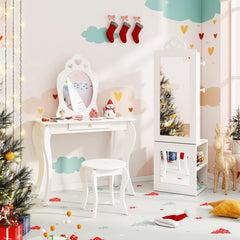 3-in-1 Freestanding Kids Jewelry Cabinet Armoire with Full Length Mirror-White