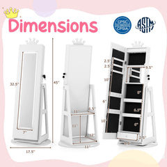 3 In 1 Kids Jewelry Cabinet with 3-Color Lighted Full Length Mirror and Internal Mirror-White
