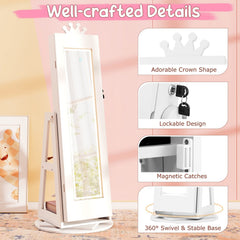 3 In 1 Kids Jewelry Cabinet with 3-Color Lighted Full Length Mirror and Internal Mirror-White