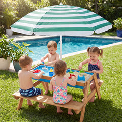 3-in-1 Kids Outdoor Picnic Water Sand Table with Removable Umbrella and Boxes-Green