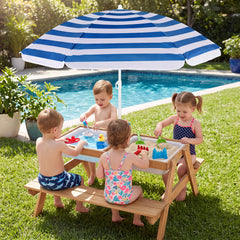 3-in-1 Kids Outdoor Picnic Water Sand Table with Removable Umbrella and Boxes-Navy