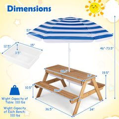 3-in-1 Kids Outdoor Picnic Water Sand Table with Removable Umbrella and Boxes-Navy