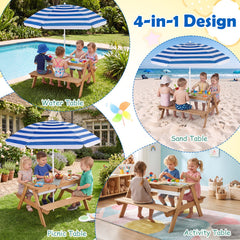 3-in-1 Kids Outdoor Picnic Water Sand Table with Removable Umbrella and Boxes-Navy