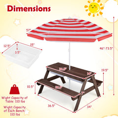 3-in-1 Kids Outdoor Picnic Water Sand Table with Removable Umbrella and Boxes-Red