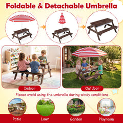 3-in-1 Kids Outdoor Picnic Water Sand Table with Removable Umbrella and Boxes-Red