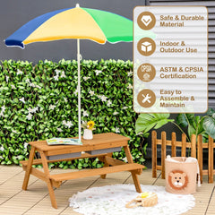 3 in 1 Kids Outdoor Picnic Table with Water and Sand Play Boxes and Umbrella, Multicolour