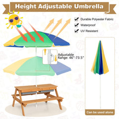 3 in 1 Kids Outdoor Picnic Table with Water and Sand Play Boxes and Umbrella, Multicolour