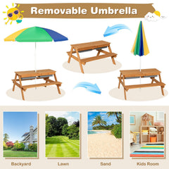 3 in 1 Kids Outdoor Picnic Table with Water and Sand Play Boxes and Umbrella, Multicolour