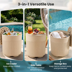 3-in-1 Outdoor Cooler Side Table with Fluted Design for Deck-Beige
