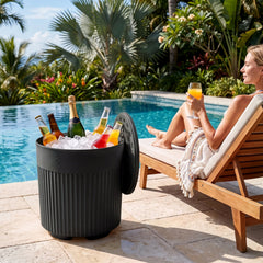 3-in-1 Outdoor Cooler Side Table with Fluted Design for Deck-Black