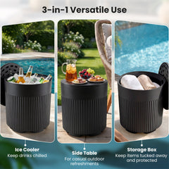 3-in-1 Outdoor Cooler Side Table with Fluted Design for Deck-Black